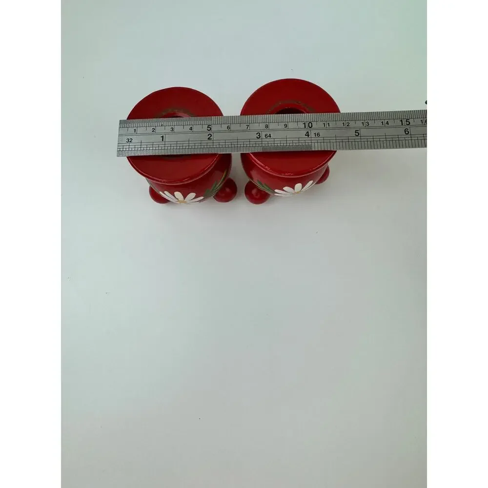 Vintage Swedish Red Candlestick Holders Wooden Flowers Hand Painted Set of 2